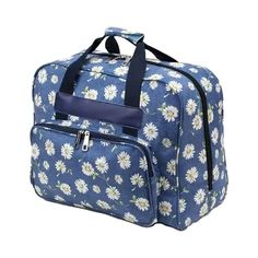 a blue and white flowered duffel bag