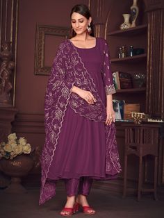 Elevate your ethnic wardrobe with our alluring purple embroidered georgette reception wear anarkali suit. Crafted from rich georgette material in a stunning purple hue, this semi-stitched suit exudes elegance and sophistication. The intricate sequin and embroidered work on the suit adds a touch of glamour, making it perfect for festivals and special occasions.
This beautiful suit include the matching crepe material pants that complement the anarkali top perfectly. The georgette dupatta features Purple Churidar With Intricate Embroidery, Embroidered Floor-length Purple Churidar, Embroidered Purple Floor-length Churidar, Purple Floor-length Churidar With Resham Embroidery, Purple Resham Embroidered Floor-length Churidar, Purple Resham Embroidery Floor-length Churidar, Semi-stitched Purple Churidar With Intricate Embroidery, Floor-length Purple Anarkali Set With Intricate Embroidery, Purple Embroidered Floor-length Salwar Kameez