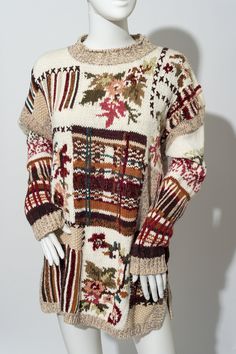 "Gorgeous vintage sweater by Tiara International. The sweater is made from a knit of cream, tan, brown, dusty rose, maroon, greens, and caramel. The sweater showcases a lovely floral pattern. The sweater is the perfect oversized 1990s chunky sweater. If you know, you know. If you don't, even the extra small sweaters in the 90s were LARGE. Tina the Mannequin loves this sweater! It's soft and pretty and super chunky! It's big too. It's about to become your new favorite sweater. Tina can just tell. Tag: Tiara International Size: vintage 1990s medium  Measurements: Chest: 21.5\" Sleeve: 20\" Length: 29\" Materials: Ramie, Cotton, Other Stored in a smoke-free, pet-free environment. Please note that not all screens are properly color calibrated. All images are taken with professional photo gear Bohemian Floral Print Winter Sweater, Vintage Long Sleeve Sweater With Floral Print, Beige Fair Isle Sweater For Fall, Bohemian Floral Print Sweater For Fall, Beige Long Sleeve Sweater With Floral Print, Vintage Beige Knitted Sweater, Vintage Knitted Beige Sweater, Brown Oversized Vintage Sweater, Oversized Brown Vintage Sweater