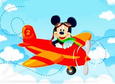 mickey mouse is flying on an airplane in the sky with his ears sticking out and eyes closed