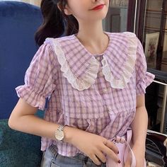 Purple Plaid Vintage-Style Cropped Dolly Blouse with Peter Pan Collar and Short Puff Sleeve, ruffled collar, vintage buttons through front.   S   Length:42cm   Bust:92cm   M Length:44cm   Bust:94cm    L   Length:46m   Bust:96cm