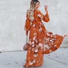 Orange Long Flower Print Dress Long Floral Maxi Dress, Long Floral Dress, Vici Dress, V Neck Maxi Dress, Floral Dresses Long, Split Maxi Dress, Flower Print Dress, Autumn Dress, A Goddess