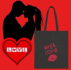 a couple kissing in front of a bag with love written on it