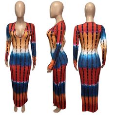 Tie-dye Thread Print Slim Sexy Dress Fitted Long Sleeve Tie Dye Dress, Multicolor Maxi Dress For Club, Fitted Tie Dye Maxi Dress, Fitted Tie-dye Maxi Dress, Fitted Tie Dye V-neck Dress, Tie Dye Fitted V-neck Dress, Tie-dye Fitted V-neck Dress, Womens Long Sleeve Dresses, Dresses One Piece