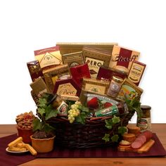 a large basket filled with lots of different types of food and snacks on top of a table