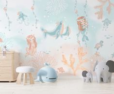 Decora habitaciones infantiles con murales con sirenas en el mar. Tamaño: 375 cm (ancho) x 255 cm (alto). Precio: 169,90€. Baby Shark, Boy's Room, Girl's Room, Baby Nursery, Baby Room, Barcelona, Nursery, Mural