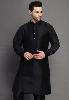 Art Silk Kurta in BlackThis Readymade piece is Enhanced with Buttons. Crafted in Chinese Collar Neck and Full SleeveDo note: Bottom shown in the image is for presentation purposes only. Half to one inch may vary in measurement. (Slight variation in actual color vs. image is possible)  We sell all kinds of menswear. Mens Kurta | Mens Kurta Pajama | Mens Sherwani | Mens Sherwani Sets | Traditional Menswear | Partywear Menswear | Indian Mens Dresses | Diwali Kurta | Kurta Pajama | Bollywood Menswea Black Formal Kurta For Festivals, Elegant Black Kurta For Festivals, Mens Kurta Pajama, Indian Jackets, Mens Sherwani, Mens Kurta, Kurta Pyjama, Chinese Collar, Party Mode