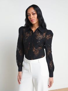 Our most feminine button-up blouse, now in chic black lace. Puff shoulders create gentle volume while a sharp collar adds definition. Pair with white denim for a romantic day-to-night look. | L'AGENCE Jenica Lace Blouse Top In Black Denim Party, Velvet Jeans, Black Lace Blouse, Night Looks, Flowy Dress, Clothes Collection, Lace Blouse, White Denim, Blouse Top