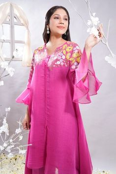 Fuchsia pink asymmetrical kurta with floral applique and badla embroidery on yoke and sleeves. Comes with palazzo and slip. - Aza Fashions Designer Pink Kurta For Spring, Designer Spring Pink Kurta, Spring Designer Pink Kurta, Spring Designer Pink Dress, Designer Summer Pink Kurta, Pink Designer Kurta For Summer, Summer Designer Pink Kurta, Badla Embroidery, Women Kurta