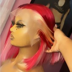 New “Ready To Wear” Manufactured Red Frontal Wig Unit. 1. Model Wig: Body Wave - 12inch 2. Hair Type: 100% Human Hair 3. Density: 180% 4. Hair Color: Red & Blonde 5. Hairline: Pre - Plucked 6. Wig Strap: Adjustable 7. Circumference: 22.5inches - Standard 8. Lace: Transparent Lace 9. Lace Area: 13x4 Red Frontal Wig, Red Frontal, Red Lace Front Wigs, Hair Color Red, Red Blonde, Ombre Bob, Red To Blonde, Dyed Hair Inspiration, Bob Lace Front Wigs