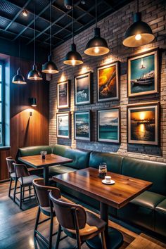 a restaurant with wooden tables and green leather booths, framed pictures on the wall above them