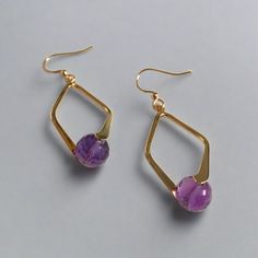 Faceted Amethyst Dangle Earrings - T. Randall Jewelry Gold Faceted Drop Earrings, Gold Faceted Crystal Earrings For Gift, Nickel-free Diamond-shaped Jewelry For Gifts, Nickel-free Diamond-shaped Jewelry Gift, Gold Faceted Dangle Crystal Earrings, Gold Drop Earrings With Faceted Details, Gold Octagon Birthstone Jewelry, Faceted Brass Drop Earrings, Gold Faceted Brass Earrings