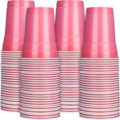 pink cups stacked on top of each other with white and red stripes in the middle