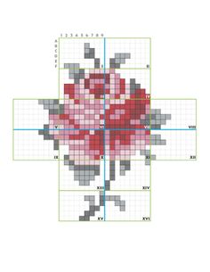 the cross stitch pattern is shown in red and grey, with an image of a flower on