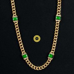 "There are 6 shining green Emerald and 18k gold plated Cuban links that can be perfectly attractive from any angle. Wearing alone with casual or formal attire for everyday modern elegance. Material: sterling silver Chain Length: 16'' to 30\" Chain Width: 8 mm Gem Length: 8 mm Gem Width: 10 mm Product Type: CHAIN Stone : Emerald ( lab created ) GRA certified Moissanite Construction = Handmade Primary colour = White Weight = 50 to 140grams Metal = Solid 925 Sterling Silver Very heavy and solid wei Luxury Green Chain Jewelry, Elegant Green Round Chain Necklace, Elegant Green Jewelry With Box Chain, Elegant Green Jewelry With Gold Chain, Elegant Green Chain Necklace For Formal Occasion, Green Formal Jewelry Chain, Formal Green Chain Jewelry, Miami Cuban Link Chain, Pearl Jewels