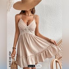 Lace Ruffle Cami Dress Vacation Mini Dress With Ruffle Hem And Straps, Chic Sundress With Ruffled Straps, Elegant Beach Mini Dress With Ruffled Straps, Beige Spaghetti Strap Midi Dress With Ruffles, Chic Mini Dress With Ruffled Straps For Vacation, Beach Dresses With Ruffled Straps And Lining, Beach Dresses With Lined Ruffled Straps, Elegant Beach Ruffle Dress With Ruffle Hem, Elegant Ruffle Hem Dress For Beach