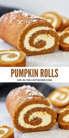 there are two pictures of pumpkin rolls and one is cut in half to show the inside