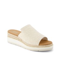 TOMS-Margot Wedge Sandal - Women's Stay gorgeous this summer in the Margot wedge sandal from Toms. Geometric weave-like patterns highlight the cotton-rip stop upper of this mule sandal, enhanced with sustainable OrthoLite Eco LT Hybrid footbed crafted with 26% eco content. Spring Cushioned Platform Slippers With Wedge Heel, Comfortable Spring Wedge Sandals With Cushioned Footbed, Comfortable Cushioned Wedge Sandals For Spring, Spring Open Toe Platform Slippers With Textured Sole, Spring Straw Wedge Sandals With Textured Footbed, Vacation Espadrille Wedge Sandals With Textured Sole, Vacation Wedge Sandals With Textured Sole, Spring Platform Slippers With Textured Wedge Heel, Beige Cushioned Platform Slippers For Beach