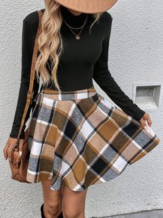 2pcs/Set Black Ribbed Turtleneck Long Sleeve Top & Plaid A-Line Mini Skirt, Casual Autumn Winter Outfit Thanksgiving Outfit Women Black Casual    Plaid  High Stretch  Women Clothing, size features are:Bust: ,Length: ,Sleeve Length: Mini Skirt Autumn Outfit, Black Ribbed Turtleneck, Yellow Plaid Skirt, Autumn Skirt, Long Plaid Skirt, Punk Woman, Skirt Casual, Estilo Preppy, Turtleneck Long Sleeve