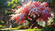 a painting of a woman standing in front of a tree with pink and white flowers