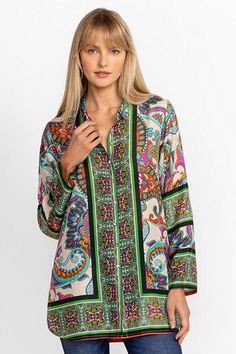 Crafted from 100% sumptuous silk, the Delia Tunic offers a brilliant combination of color and pattern. Featuring a traditional collared button-front and a beautifully ornate pattern with contrasting border designs is finished with roll-tab sleeves and a shirttail hem. Pair with classic black leggings and flats for a timeless casual look. Johnny Was Women's Delia Tunic in Cachemir Scarf Print White, Size Large, Silk Luxury Printed Blouse For Spring, Designer Multicolor Floral Print Blouse, Multicolor Silk Button-up Blouse, Multicolor Printed Blouse For Spring, Multicolor Print Long Sleeve Silk Blouse, Silk Long Sleeve Multicolor Print Blouse, Multicolor Print Silk Long Sleeve Blouse, Silk Long Sleeve Blouse In Multicolor Print, Silk Long Sleeve Top With Baroque Print