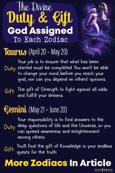 the divine duliy and gift to each zodiac sign is shown in this poster