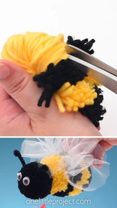 two pictures one shows a needle and the other shows a crocheted toy bee