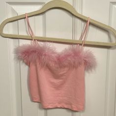 Pink Feather Crop Top. Very Soft Fabric. Never Worn Feather Pink Top, Cheap Pink Ruffled Crop Top, Pink Flirty Crop Top With Ruffles, Pink Y2k Cropped Crop Top, Black Feather Crop Top, Feather Crop Top, Pink Feathers, Concert Fits, Pink Ladies