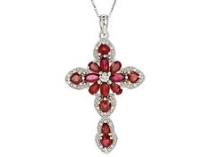 1.70ctw pear shape, 1.26ctw marquise and 1.56ctw heart shape Mahaleo® ruby with .11ctw round white zircon, sterling silver cross pendant with chain. Measures approximately 1 13/16"L x 1"W. 3.5MM bail. Spring ring clasp. 2" extender. Rhodium plated. Oval Fine Jewelry For Valentine's Day, Marquise Ruby Jewelry In White Gold, Marquise Ruby White Gold Jewelry, Oval Diamond Jewelry For Valentine's Day, White Gold Marquise Ruby Jewelry, Valentine's Day Fine Jewelry Pear-shaped, Marquise Ruby Jewelry With Diamond Accents, Pear-shaped Gemstone Jewelry For Valentine's Day, Oval Brilliant Cut Jewelry For Valentine's Day