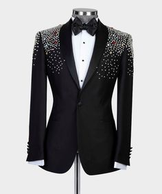 Formal Fitted Blazer With Rhinestones, Fitted Rhinestone Blazer For Formal Occasions, Elegant Fitted Blazer With Rhinestones, Elegant Black Blazer With Rhinestones, Elegant Fitted Set With Rhinestones, Elegant Fitted Sets With Rhinestones, Party Suits With Embellished Notch Lapel, Fitted Party Blazer With Rhinestones, Fitted Rhinestone Blazer For Party