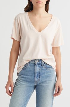 Fall for the slouchy fit of this oversized drop-shoulder T-shirt made from pure cotton. 26" length (size Medium) V-neck Short sleeves 100% cotton Machine wash, tumble dry Imported Relaxed Fit V-neck Top For Summer Loungewear, Summer Cotton V-neck Top With Relaxed Fit, Basic Cotton V-neck Top For Summer, Soft-washed Relaxed Fit V-neck Tops, Relaxed Fit Cotton V-neck Top With Short Sleeves, Summer Relaxed Fit V-neck Top For Loungewear, Summer Short Sleeve Top, Soft-washed For Everyday, Summer V-neck Top For Loungewear With Relaxed Fit, Summer V-neck Top For Loungewear