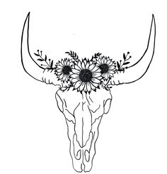 a cow skull with sunflowers on it's head is shown in black and white