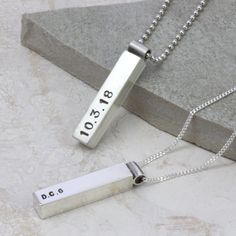 Personalised sterling silver mens pendant hand made in our Yorkshire studios. This simple yet beautifully crafted chunky silver pendant is a perfect Fathers day gift for him. Made from solid silver, it bares our trademark hand stamped text of your choice making this a truly unique and contemporary way to wear text or dates of meaning. As with all our jewellery, everything is made by hand in the UK and to order, so if there is anything you would like to tweak, please do get in touch. There are fe Silver Rectangular Pendant Necklace For Anniversary, Sterling Silver Rectangular Pendant For Anniversary, Everyday Silver Necklace With Engraving Option, Father's Day Sterling Silver Necklace With Rectangular Pendant, Rectangular Sterling Silver Necklace For Anniversary Gift, Sterling Silver Necklace For Anniversary Gift, Silver Dog Tag Necklace For Anniversary Gift, Silver Dog Tag Necklace For Anniversary, Grooms Gift