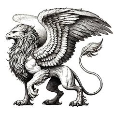 a black and white drawing of a winged lion