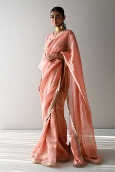 Rose pink saree with tissue stripe pattern, elevated with floral butti embroidery using cutdana pipes. - Aza Fashions Pink Pre-draped Saree With Dupatta In Tissue Silk, Pink Slub Silk Pre-draped Saree With Dupatta, Pink Organza Saree With Zari Weaving, Pink Tissue Silk Pre-draped Saree With Dupatta, Pink Chanderi Pre-draped Saree With Sheer Dupatta, Pink Organza Dupatta With Zari Weaving, Pink Pre-draped Saree With Zari Weaving For Reception, Pink Pre-draped Saree For Reception With Zari Weaving, Pink Zari Weaving Dupatta For Reception