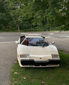 a white sports car parked in the grass next to a street with trees behind it