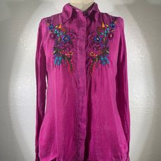 Button Up Bust 18” Length 25” Japanese Rayon Features Shaping Darts Garden Motif Purple Long Sleeve Blouse With Buttons, Spring Purple Button-up Blouse, Pink Embroidered Button-up Blouse, Casual Purple Blouse With Floral Embroidery, Embroidered Bohemian Purple Blouse, Bohemian Embroidered Purple Blouse, Bohemian Purple Blouse With Floral Embroidery, Purple Embroidered Bohemian Blouse, Bohemian Purple Embroidered Blouse