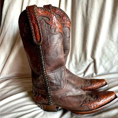 Old Gringo 9d Authentic Leather Coyboy Cowgirl Boots Dark Brown Leather With Medium Brown Accents Really Beautiful But Not Too Flashy. All Offers Will Be Considered Western Boots With Concho And Round Toe, Concho Western Boots With Round Toe, Western Leather Boots With Concho, Western-themed Round Toe Boots With Concho, Vintage Brown Leather Boots For Rodeo, Round Toe Boots With Concho For Western-themed Events, Concho Boots With Round Toe For Western-themed Events, Brown Concho Boots For Rodeo, Leather Boots With Concho For Ranch