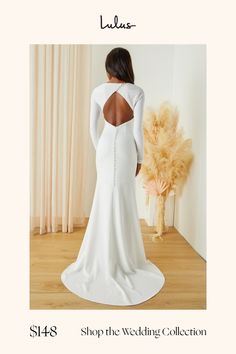 Make your special day even more so by making sure you walk down the aisle in the Lulus Eloquent Endearment White Long Sleeve Backless Maxi Dress! Stretchy crepe knit shapes this gorgeous dress that starts with a princess-seamed bodice, a crew neckline, and elegant long sleeves. The fitted waist tops an ultra-flattering, mermaid maxi skirt that boasts a romantic train at the back. A diagonal row of functional buttons secure above the flirty backless design, while a hidden zipper/clasp sits beneat Classic Wedding Dress With Sleeves, Mermaid Maxi Skirt, Backless Maxi Dress, Lulu Fashion, Backless Maxi Dresses, Backless Design, Walking Down The Aisle, White Long Sleeve, Gorgeous Dresses