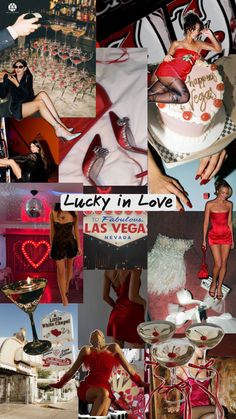 a collage of photos with the words lucky in love and las vegas written on them