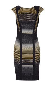 Graphic Print Pencil Dress by Karen Millen Luxury Women's Mustard Dress, Chic Fitted Dress With Contrast Stripes, Fitted A-line Dress With Geometric Pattern, Fake Handbags, Karen Millen Knit Dress, Ascot Outfits, Alexander Mcqueen Yellow Dress, Pencil Dresses