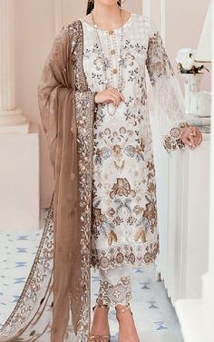 Off-white Chiffon Suit -  Pakistani Chiffon Dresses White Organza Dupatta For Summer, Festive White Georgette Dress, Semi-stitched White Georgette Dress, White Georgette Dresses With Resham Embroidery, White Georgette Dress With Sheer Dupatta, Festive White Organza Dress, White Georgette Dress With Dupatta, White Unstitched Dress With Sheer Dupatta, White Organza Dress With Intricate Embroidery