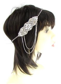 ** If you need your item by a certain date please let me know. **Beautiful vintage style headband!This headband is stunning and perfect for adding vintage style glamour to your hair. Featuring rhinestones/diamantes in a vintage style design on a silver tone elasticated diamante/rhinestone headband with cascading silver tone diamante chains. Elasticated to fit.The beaded section measures 3cm wide, on a 0.3cm wide headband.This is also available on an metal headband in our shop and also on a hair Style Année 20, Flapper Accessories, Gatsby Headband, 1920s Headpiece, Style Headband, Retro Accessories, Metal Headbands