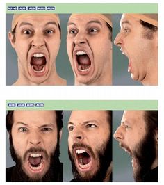 multiple images of an angry man with his mouth open