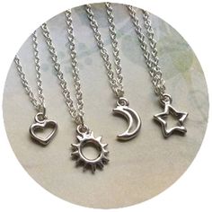 Your choice of 10mm rhodium plated pewter Moon, Sun, Heart or Star pendant on delicate 18” silver plated necklace, with tiny clasp closure.  You can choose any combination of the moon, sun, star or heart charms, and either silver rhodium or gold finished finish.  Each necklace ships in a small zip Cheap Fun Necklaces For Friendship, Cheap Cute Jewelry For Friendship, Cheap Silver Heart Necklace For Friendship, Cheap Spiritual Friendship Necklaces, Cheap Trendy Necklaces For Friendship, Cheap Dainty Friendship Necklaces, Cheap Jewelry For Friendship In Summer, Cheap Heart-shaped Friendship Necklaces, Cheap Cute Necklaces For Friendship