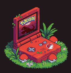 an old nintendo game console sitting on top of some green plants and grass with the words pokemon written in it