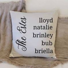 a pillow that has some type of words on it