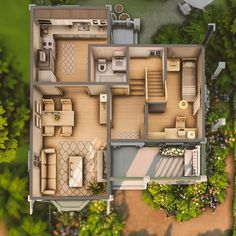 an aerial view of a house with the living room and bedroom on top of it