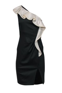 Current Boutique-Valentino - Black One Shoulder Sheath Cocktail Dress w/ Ivory Ruffle Sz 4