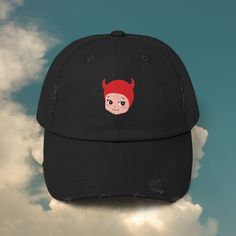 Thank you for visiting my shop! Cute Sonny Angel Devil distressed cap!  - 100% cotton twill - self-fabric hideaway strap with metal D-ring slider - Please note: Due to a special finishing process, distress and color may vary Fun Cotton Hats For Streetwear, Fun Black Cotton Baseball Cap, Novelty Cotton Adjustable Baseball Cap, Novelty Cotton Baseball Cap One Size Fits Most, Novelty Cotton Baseball Cap One Size, Black Novelty Cotton Hat, Halloween Streetwear Baseball Cap, Adjustable Halloween Hats For Streetwear, Black Cotton Halloween Hat